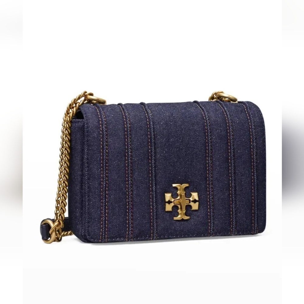Tory Burch Denim Quilted Convertible Crossbody Bag - Navy with Gold Hardware.